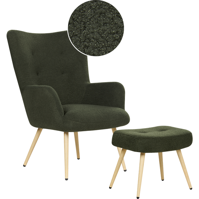 Wingback Chair VEJLE with Footstool Boucle Dark Green