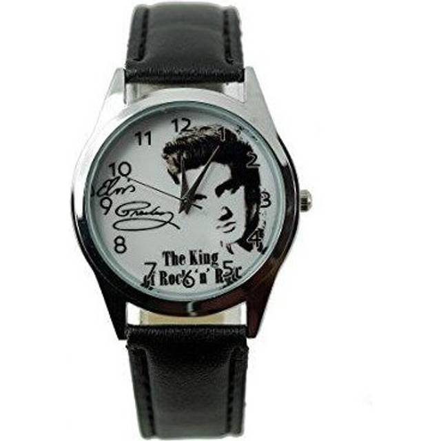 Elvis Presley Quartz Round Watch Real Leather Band   Black