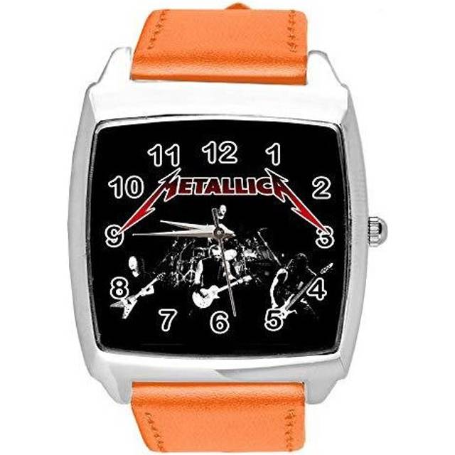 Watch Analogue Quartz with Real Leather Band Orange Square for Fan of Metallica