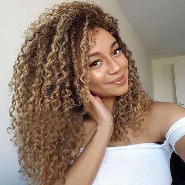 Long Afro Kinky Curly Synthetic Wig Ombre Brown Blonde Full Head Wigs For Women