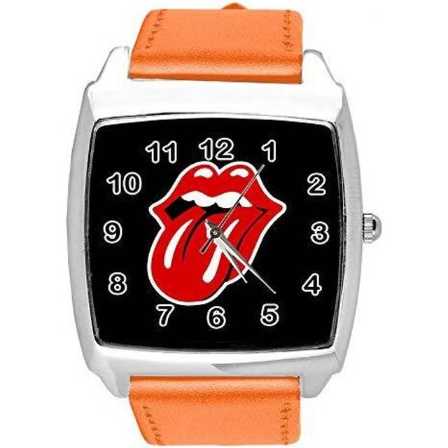 Watch Analogue Quartz with Real Leather Band Orange Square for Fan of Rolling Stones