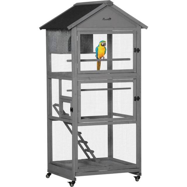 Bird Cage Mobile Wooden Aviary House with Wheel Perch Nest Ladder - Grey - One Size