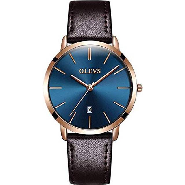 OLEVS Women Wrist Watches Ultra Thin 6.5mm Minimalist Business Dress Waterproof Date Brown Leather Blue Face Strap Slim Watches for Women