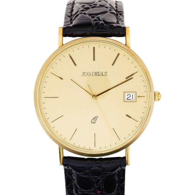 9ct Gold Gents Wristwatch Champagne Face Date Black Leather Strap