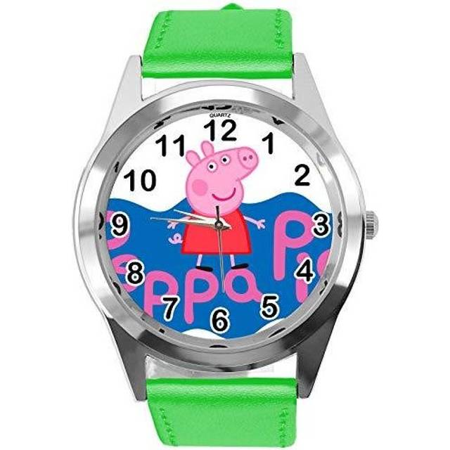 Quartz Watch Green Leather Band Round for Peppa Pig Fans