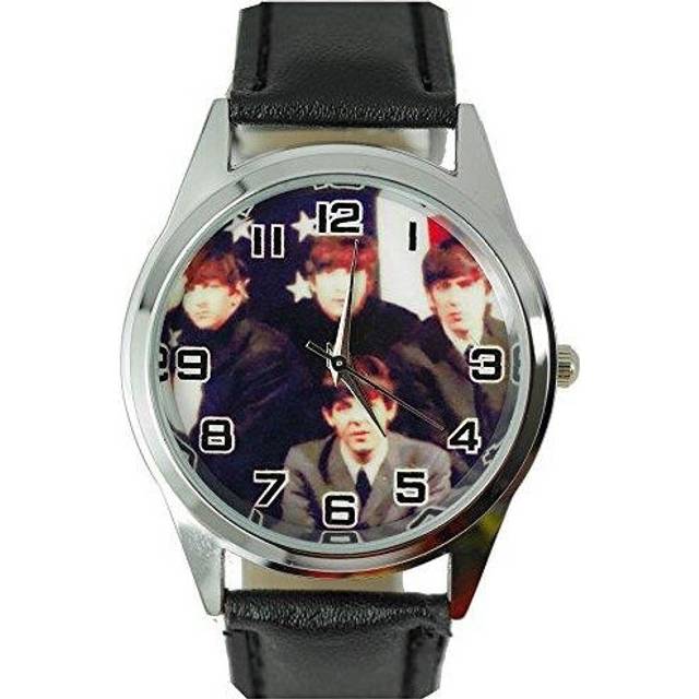 The Beatles Quartz Round Watch Real Leather Band Flag E1 Dial  Black