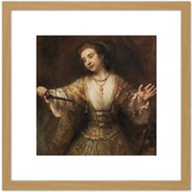 Rembrandt Lucretia With Knife Painting 8X8 Inch Square Wooden Framed Wall Art Print Picture with Mount - Tan - One Size