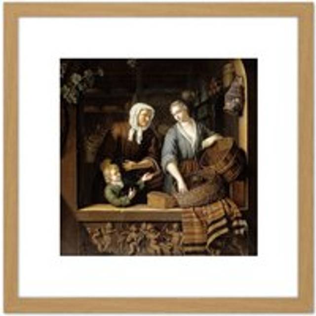 Van Mieris The Grocer' s Shop 8X8 Inch Square Wooden Framed Wall Art Print Picture with Mount - Tan - One Size
