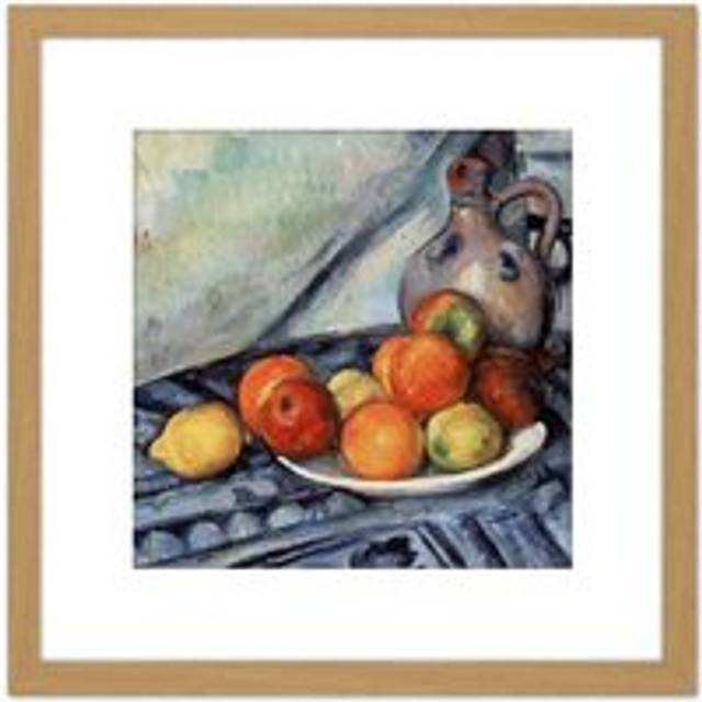 Paul Cezanne Fruit And A Jug On A Table Cropped 8X8 Inch Square Wooden Framed Wall Art Print Picture with Mount - Tan - One Size