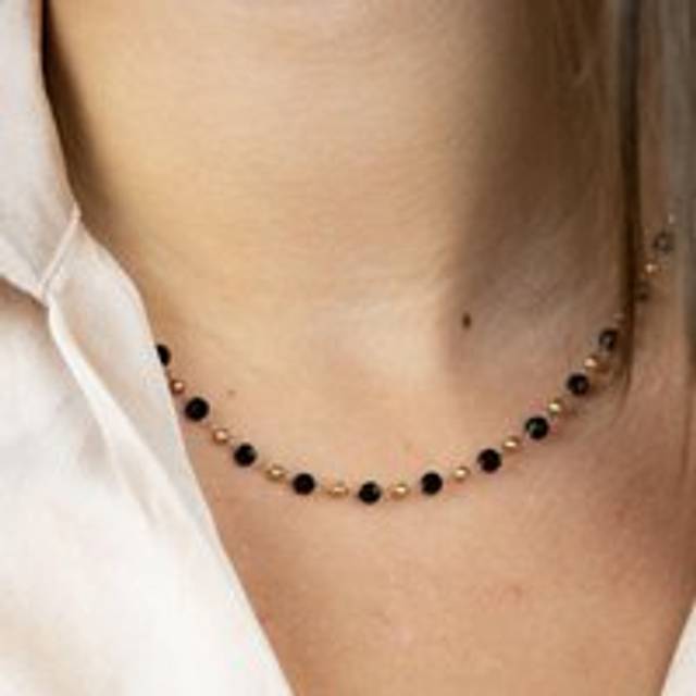 Black Crystal Beaded Silver Gold Asian Nazar Mangalsutra Choker Necklace - 18 inches