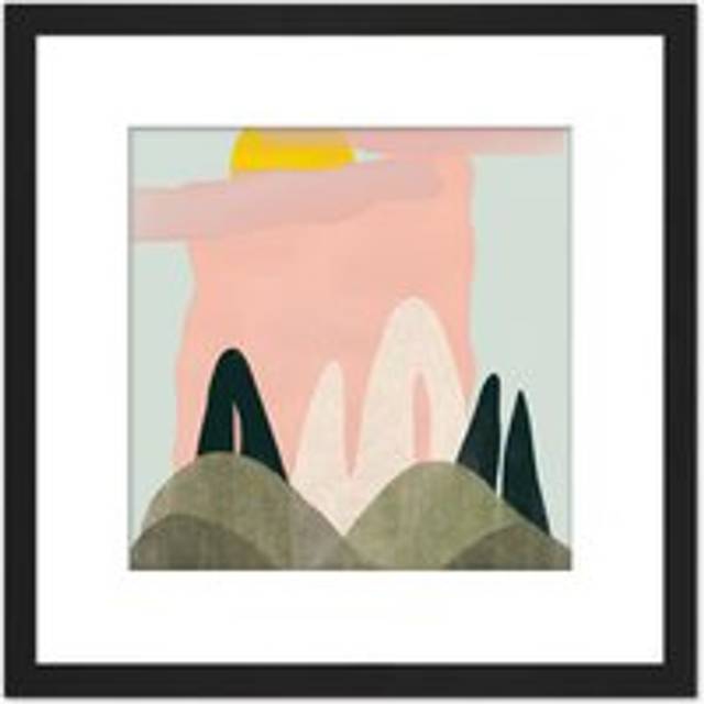 Summer Landscape Sunny Abstract Boho Pastel Pink Blue Watercolour Painting Square Wooden Framed Wall Art Print Picture 8X8 Inch - Black - One Size