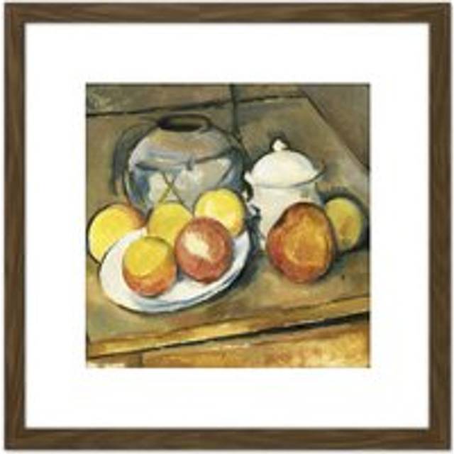 Paul Cezanne Straw Trimmed Vase Sugar Bowl And Apples Cropped 8X8 Inch Square Wooden Framed Wall Art Print Picture with Mount - Brown - One Size