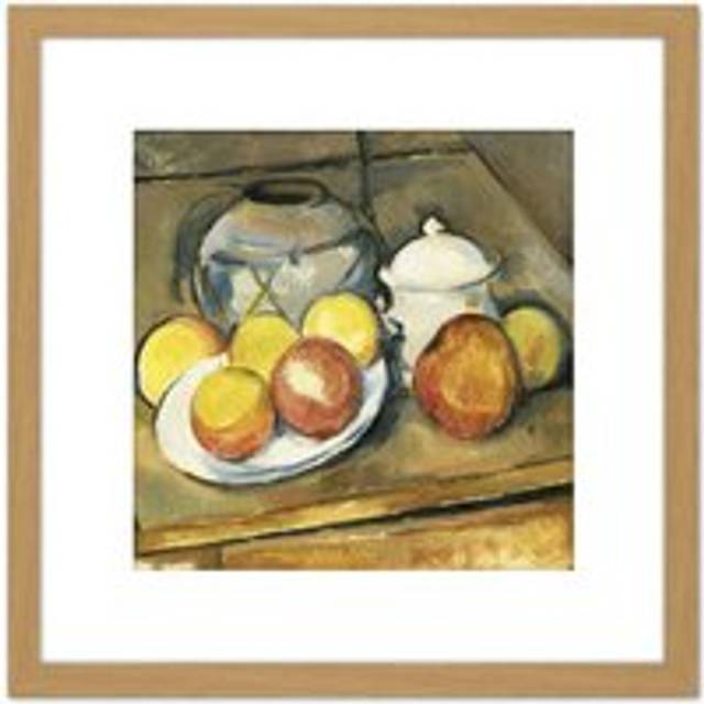 Paul Cezanne Straw Trimmed Vase Sugar Bowl And Apples Cropped 8X8 Inch Square Wooden Framed Wall Art Print Picture with Mount - Tan - One Size