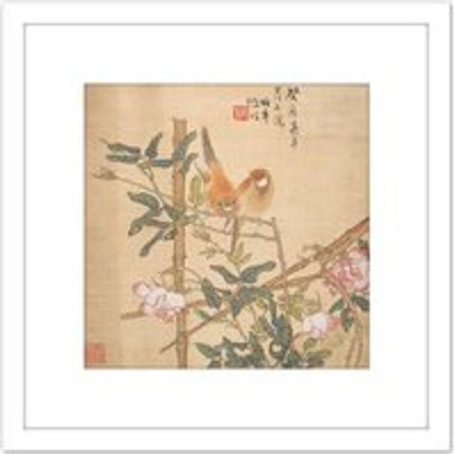 Ren Yi Two Birds Perched Rose Bush Painting 8X8 Inch Square Wooden Framed Wall Art Print Picture with Mount - White - One Size