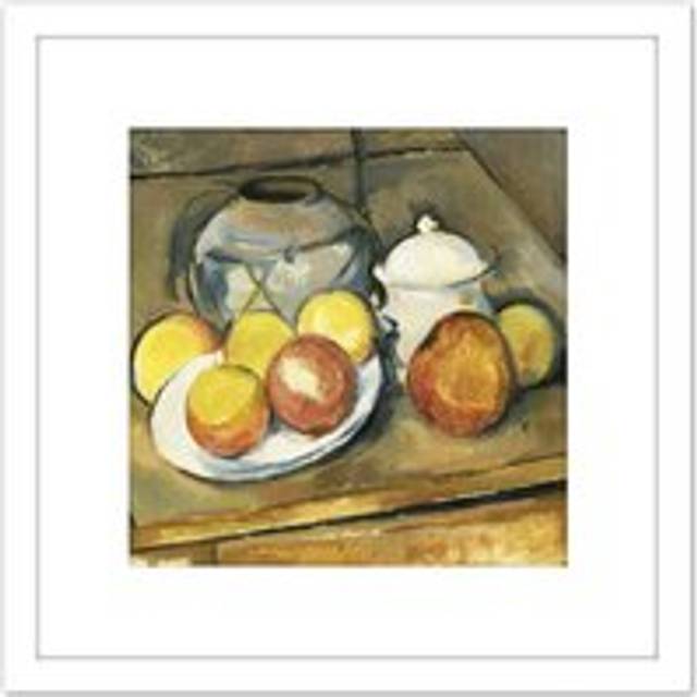 Paul Cezanne Straw Trimmed Vase Sugar Bowl And Apples Cropped 8X8 Inch Square Wooden Framed Wall Art Print Picture with Mount - White - One Size