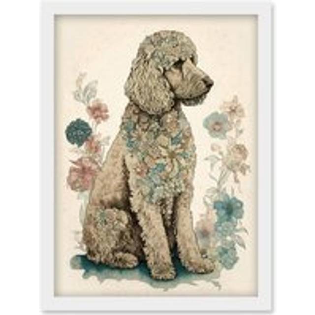 Poodle Dog with Flower Fur Coat Modern Boho Watercolour Illustration Artwork Framed Wall Art Print A4 - White - One Size