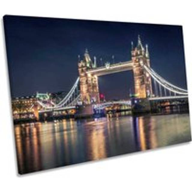 Tower Bridge London Night Canvas Wall Art Picture Print - Blue - W24 inch x H16 inch x D20mm