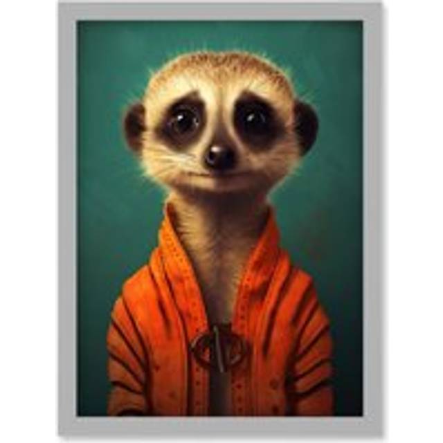 Wall Art Print Meercat Portrait Orange Quilted Jacket on Teal Background Modern Artwork Framed A4 - Grey - A4