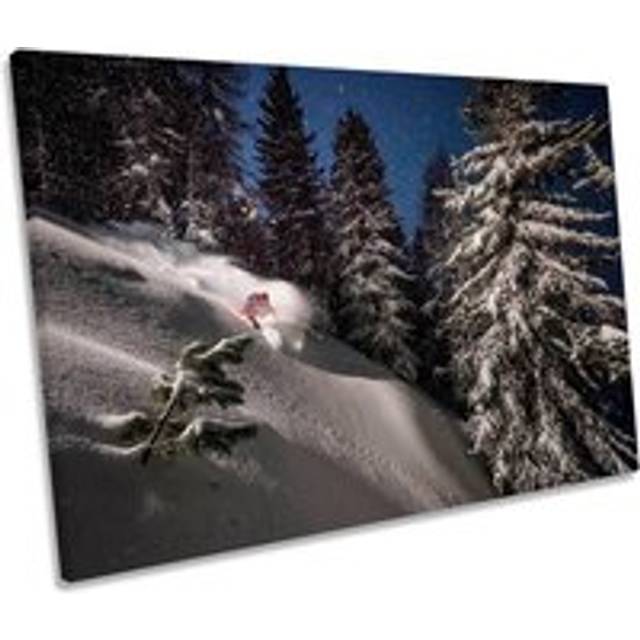 Night Powder Skiing Ski Sports Snow Canvas Wall Art Picture Print - White - W18 inch x H12 inch x D20mm