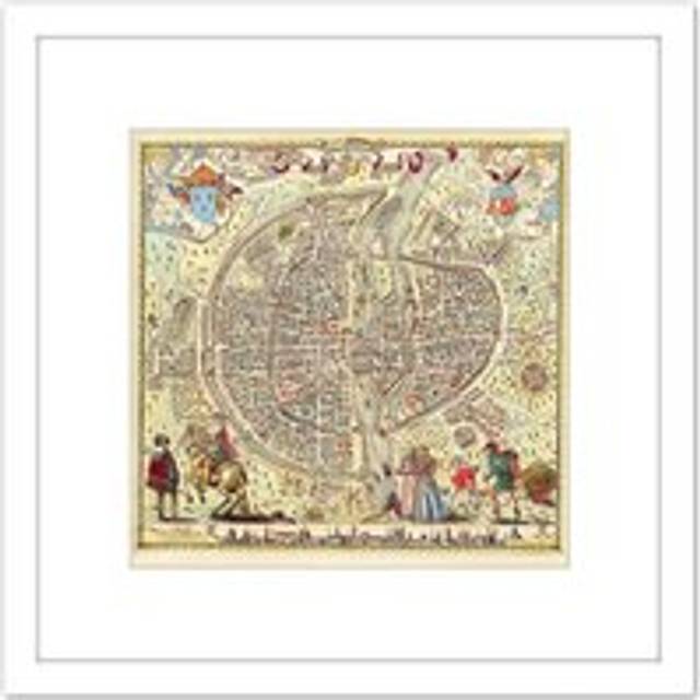 Map Rossingol 1576 Paris City Plan Pictorial 8X8 Inch Square Wooden Framed Wall Art Print Picture with Mount - White - One Size