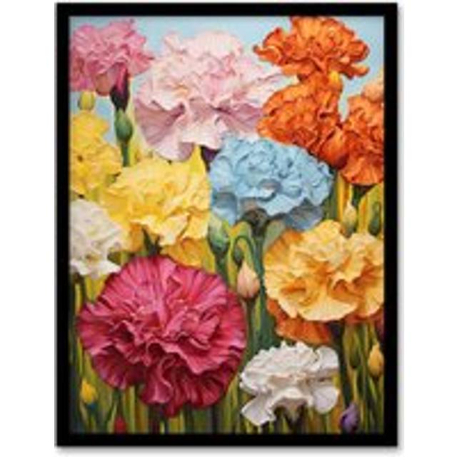 Wall Art Print Carnation Symphony Vibrant Blooming Flowers Orange Pink Green Meadow Oil Painting Artwork Framed - Multi - W12 inch x H16 inch