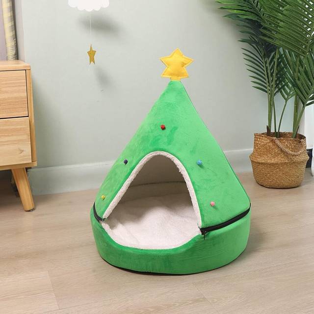 Cat Bed Christmas Tree Cat Tent House Self-Warming 2 in 1 Removable Comfortable Triangle Pet Teepee Xmas Dog Cave in Winter (Green)