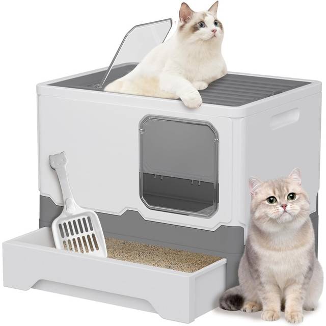 Grey Foldable Cat Litter Box with Lid, Extra Large Front Entry Top Exit, Drawer Type Enclosed Kitty Litter Box with Litter Scoop,Easy Cleaning