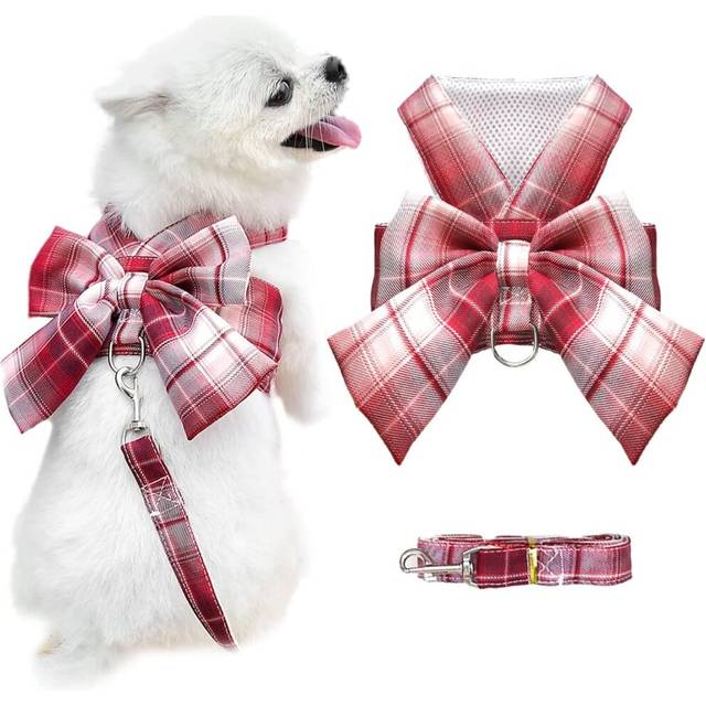 Dog Harness for Small Dogs with Bow Small Harness for Dogs with D-Ring Soft Mesh Adjustable Harness Set Puppy Pet Harness and Leash (Red S)