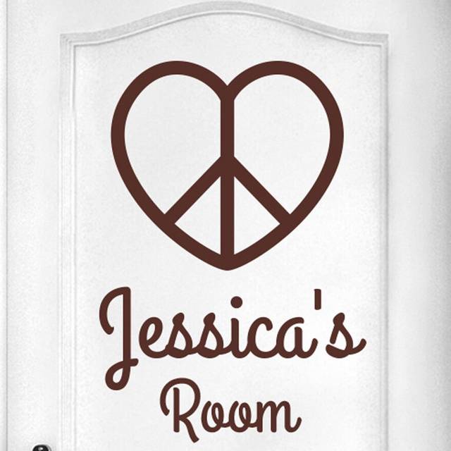 Personalised Love Peace Heart Door Room Wall Sticker - Brown (57cm H X 38cm W)
