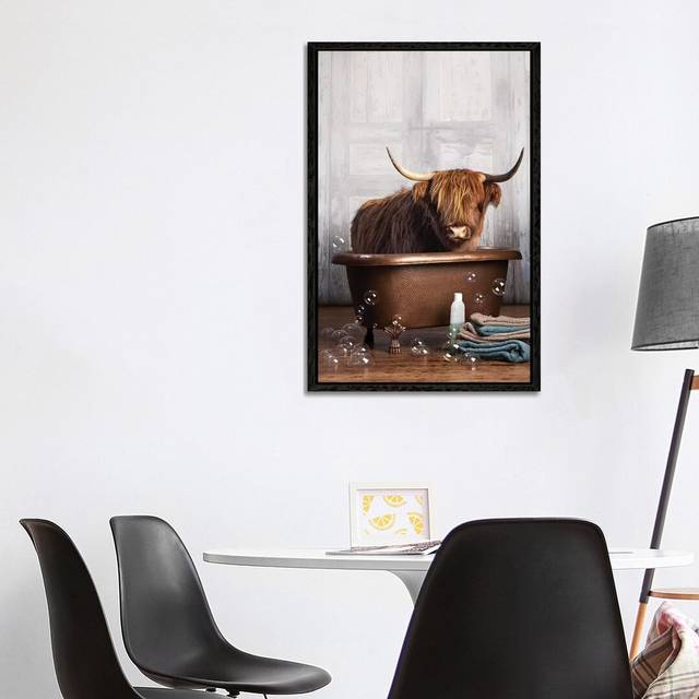 Highland Cow in the Tub by Domonique Brown - Graphic Art Print on Canvas - Black Framed Canvas (101.6 cm H x 66.04 cm W x 4.445 cm D)