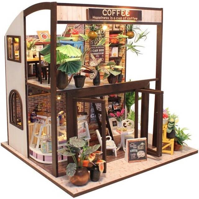 Handcraft DIY Doll House Time Cafe House Wooden Miniature Furniture LED Light Gift