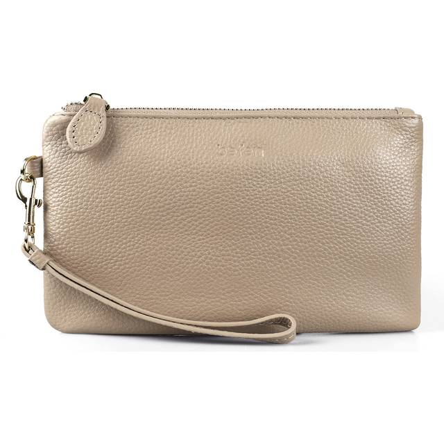 befen Women Nude Genuine Leather Cell Phone Clutch Wallet Bag  Smartphone Wristlet Purse Formal Casual - Fit iPhone 14 - Beige