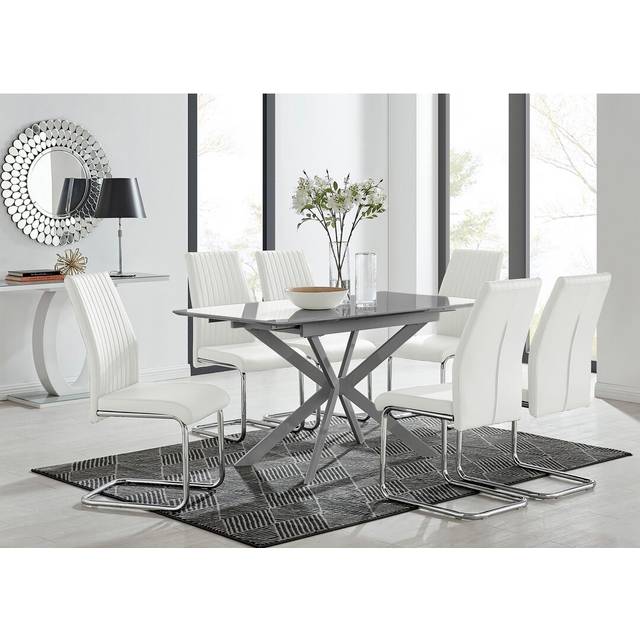 Eubanks Modern High Gloss Extendable Dining Table Set with x6 Luxury Faux Leather Dining Chairs - White (76cm H x 120cm L x 80cm W)