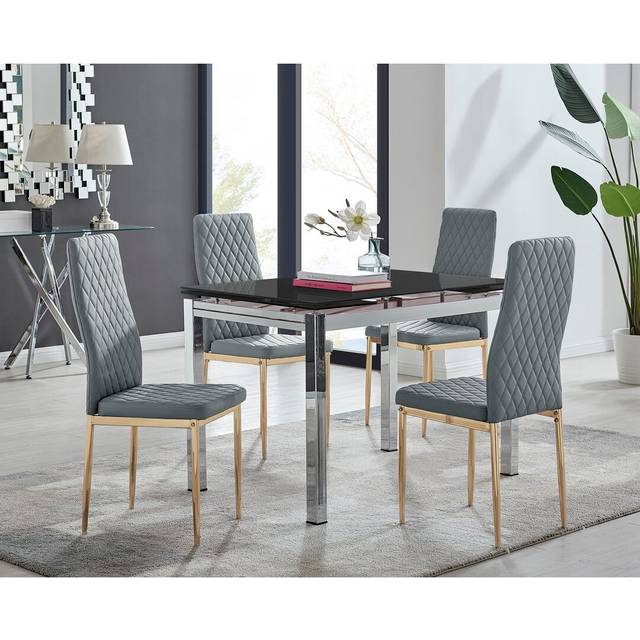 Tierra Modern Glass & Metal Extendable Dining Table Set & 4 Luxury Faux Leather Dining Chairs - Gold