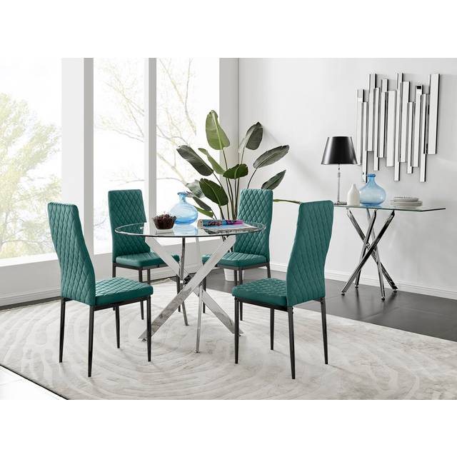 Furniturebox Arona Valera 4 Seater Round Dining Set Green Black and Chrome