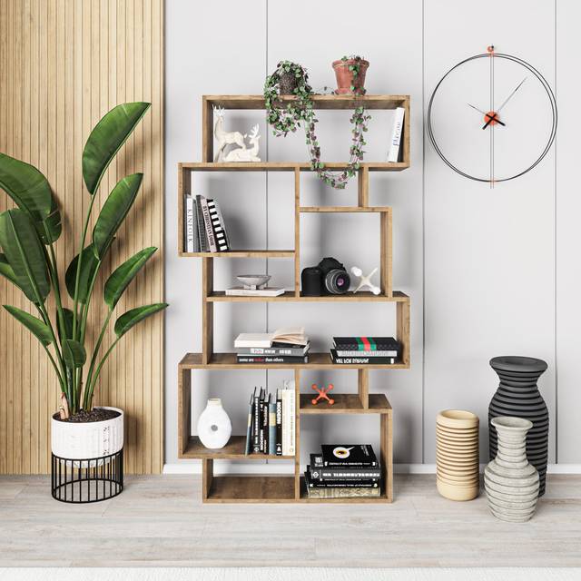 Sandra Bookcase | Asymmetric Freestanding Bookcase with 10 Compartments - Brown (427.99cm H X 243.84cm W X 64.77cm D)