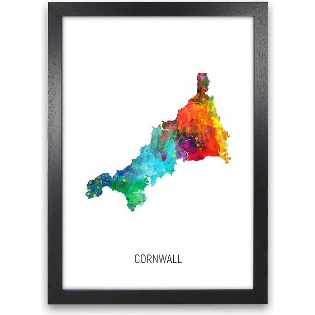 Cornwall Watercolour Map by Michael Tompsett - Graphic Art - Black Framed (63cm H x 46cm W x 3cm D)