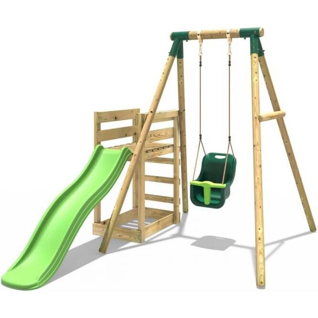 (Pluto, Green) Rebo Wooden Swing Set plus Deck & Slide