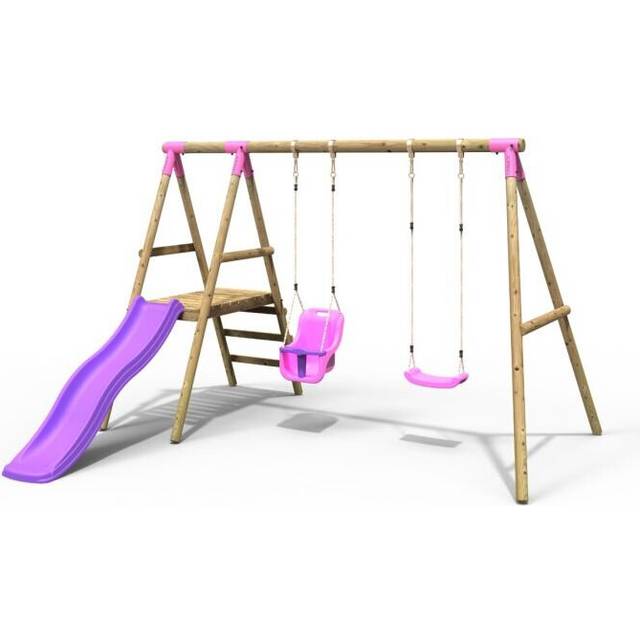 Rebo Odyssey Wooden Garden Swing Set with Standard Seat, Baby Seat, Platform and Slide - Pink