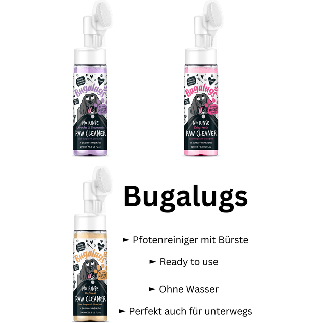 Bugalugs Dog Paw Cleaner No Rinse Foam Cat & Dog shampoo with Silicone Brush Head, waterless grooming products. Travel friendly (Lavender & Chamomile)