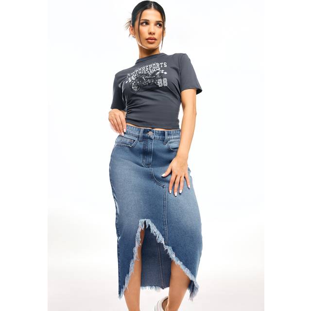Pixiegirl Blue Denim Ripped Hem Midi Skirt 8 Pixiegirl | Petite Women's Denim Skirts