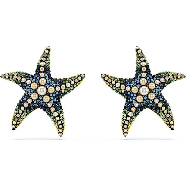 Idyllia stud earrings, Crystal pearl, Starfish, Larges, Multicoloured, Gold-tone plated - Blue