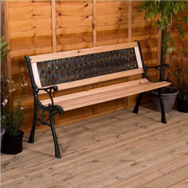 (Cross Style) 3 Seater Garden Bench Wooden Seat Armrests