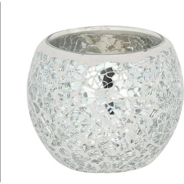 Tea Light Candle Holder Mosaic Small Crackle Glass Silver