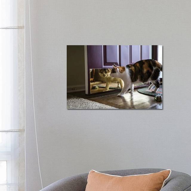 Calico Cat Looking At Her Reflection In The Door by - Wrapped Canvas (66.04 cm H x 45.72 cm W x 3.175 cm D)
