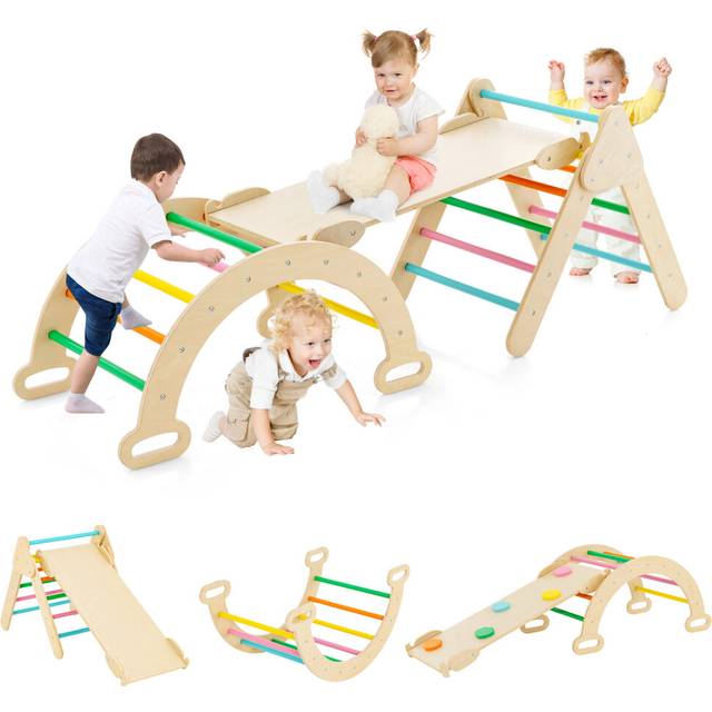 3-in-1 Triangle Climbing Set Wooden Toddler Climber with Reversible Ramp Arch