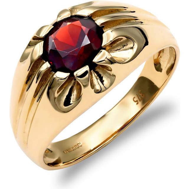 (S) Jewelco London Men's Solid 9ct Yellow Gold Round Brilliant Garnet 10 Claw Solitaire Gypsy Ring
