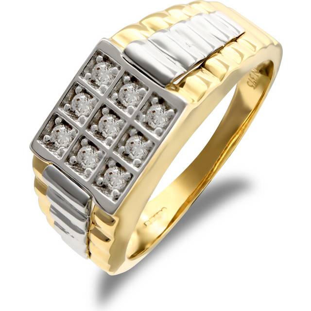 (V) Jewelco London Men&#39;s Solid 9ct Yellow and White Gold White Round Brilliant Cubic Zirconia 9 Stone Square Cluster Signet Ring