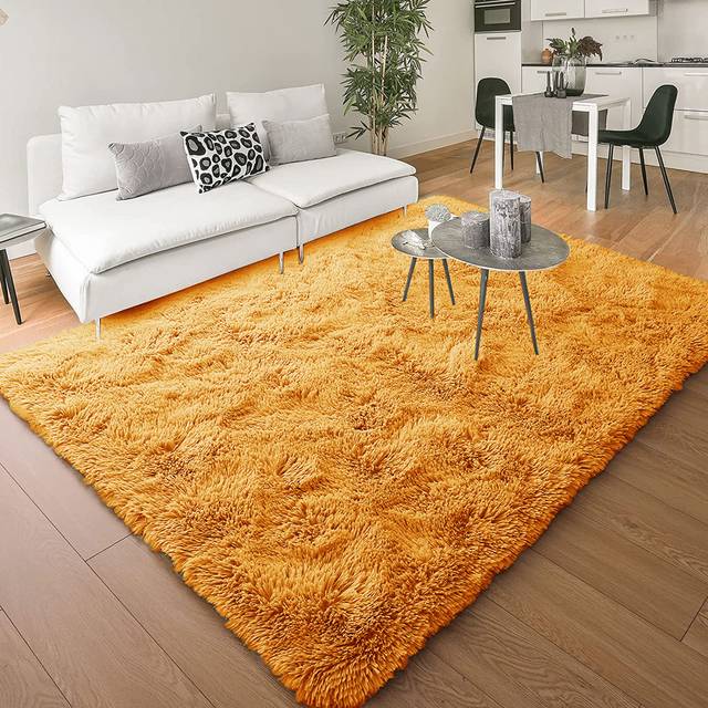 Alexxys Fluffy Thin Deep Pile Living Room Area Rug - Yellow (Runner 60 x 220cm)