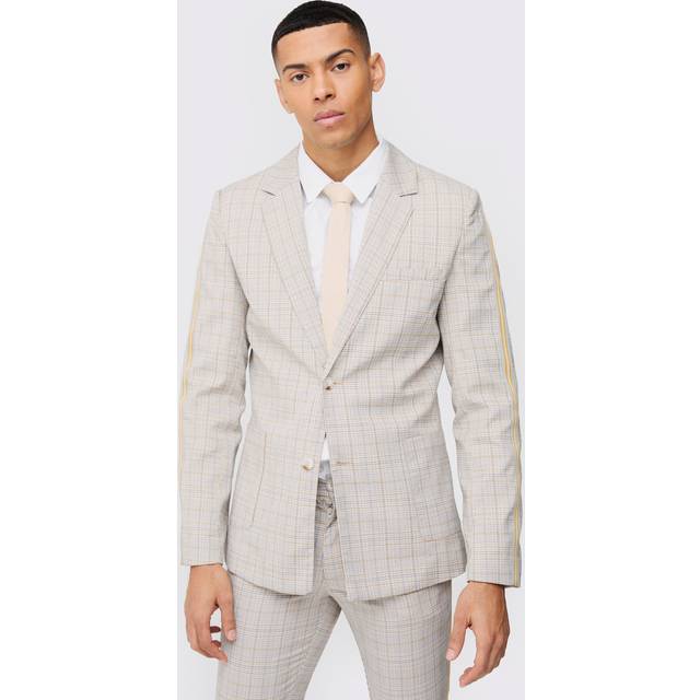 Slim Single Breasted Check Blazer - Beige - 40